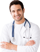 a doctor with a stethoscope around his neck smiles for the camera