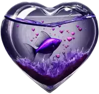 a purple fish is swimming in a heart shaped fish tank