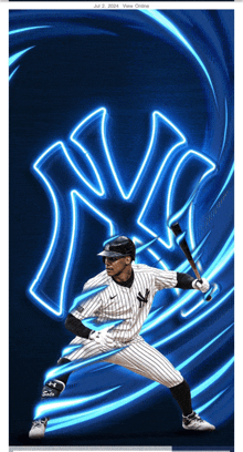 a new york yankees baseball player holding a bat in front of a neon ny logo