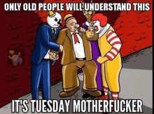 a cartoon of three clowns standing next to each other with the caption only old people will understand this