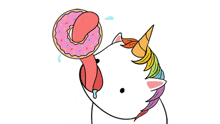 a unicorn with its tongue hanging out is eating a donut