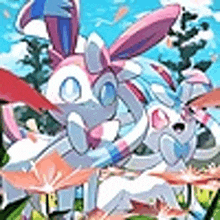 a group of cartoon rabbits are sitting on top of a lush green field .