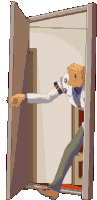 a pixel art of a man with a paper bag on his head standing in a doorway