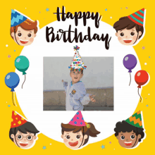 a picture of a child wearing a party hat with the words happy birthday