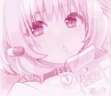 a girl with pink hair is drinking from a box that says riamy