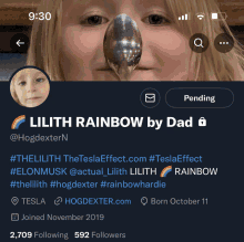 a little girl with a spoon in her nose is on a twitter account called lilith rainbow by dad