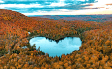 an aerial view of a lake in the middle of a forest