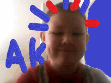 a boy with blue and red letters ak on his face