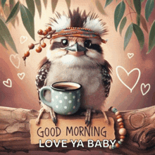 a bird is sitting on a branch holding a cup of coffee and a sign that says good morning love ya baby