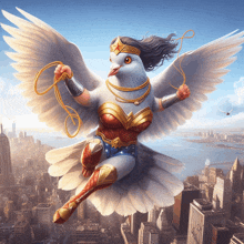 a pigeon is dressed as wonder woman and is flying over a city