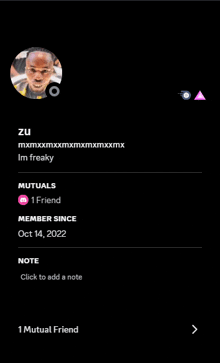 a screenshot of a person 's profile with mutuals and a note