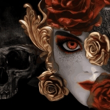 a painting of a woman 's face with roses and a skull in the background