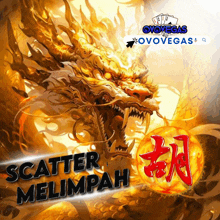 an advertisement for ovovegas shows a dragon and a ball