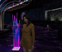 a woman in a yellow dress is standing in a room with purple carpet