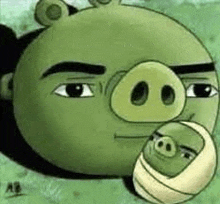 a cartoon pig is holding a baby pig in his mouth .