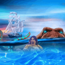 a painting of a woman screaming in the water with an octopus and a sailboat in the background