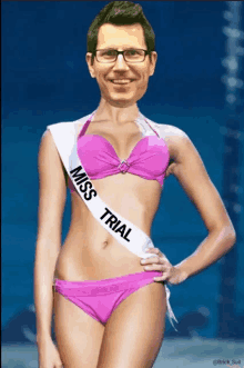 a woman in a bikini with a miss trial sash around her waist