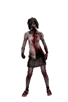 a woman with blood on her shirt and skirt is standing on a white background