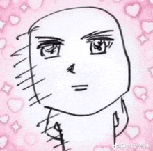 a black and white drawing of a person 's face with a pink background and hearts .