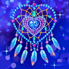 a colorful dream catcher with feathers and gems on a blue background