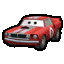 a red car with a white stripe on the side is a cartoon car from cars .