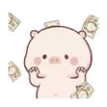 a cartoon pig is holding a pile of money in its paws .