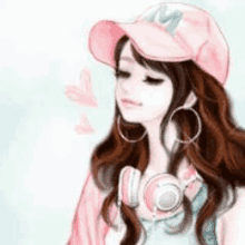 a girl wearing a pink hat and headphones is a cartoon character .