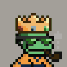 a pixel art drawing of a frog wearing a crown and sunglasses