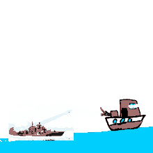 a cartoon drawing of a battleship and a smaller ship