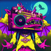 a cartoon illustration of a monster with a boombox on its head and the word dizzy on his shirt