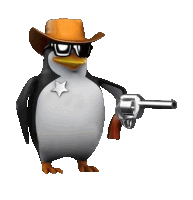 a cartoon penguin wearing a cowboy hat and sunglasses holds a gun