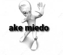 a 3d man is standing in front of a white background with the word ake miedo written on it .