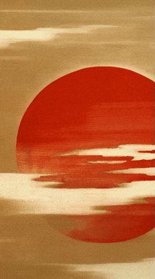 a painting of a sunset with a red sun in the middle