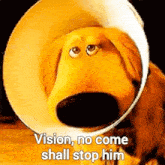 a cartoon dog wearing a cone around its neck is talking .