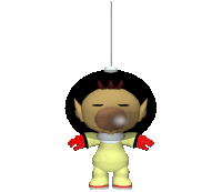 a cartoon character with a yellow suit and red gloves is hanging from a string