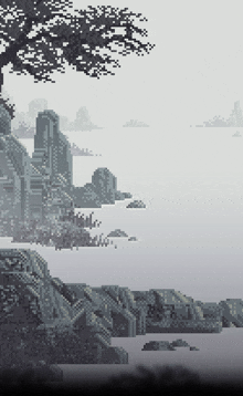 a black and white pixel art of a landscape