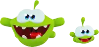 a green cartoon character with a red tongue and big eyes