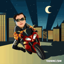 a cartoon of a man riding a motorcycle with the website toonme.com underneath him