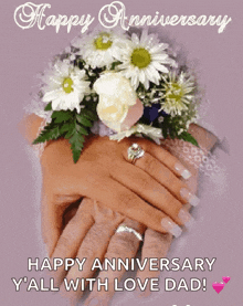 a happy anniversary greeting card with a bouquet of flowers