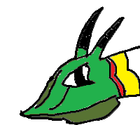 a cartoon drawing of a green dragon with horns