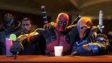 deadpool and deathstroke sit at a bar with a drink in front of them