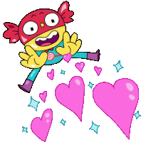 a cartoon character with hearts coming out of his hands