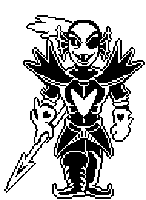 a black and white pixel art drawing of a character from undertale holding a sword .