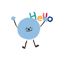 a blue cartoon character with arms and legs is waving and says hello