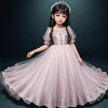 a little girl in a long pink dress and tiara