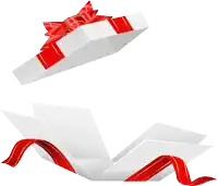 a white gift box with a red bow and gold ribbon