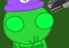 a drawing of a green alien wearing a purple hat