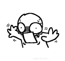 a black and white drawing of a cartoon character making a funny face with his hands outstretched .