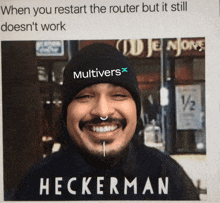 a man wearing a beanie that says multivers x on it