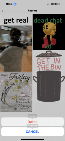 a phone screen shows a collage of pictures including one that says get in the bin